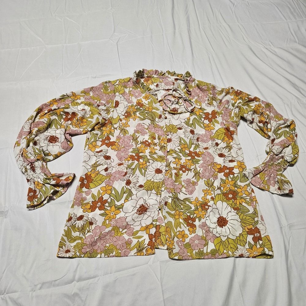 Floral Boho Blouse Women Size L Multi Retro 70s Smocked Bell Sleeve